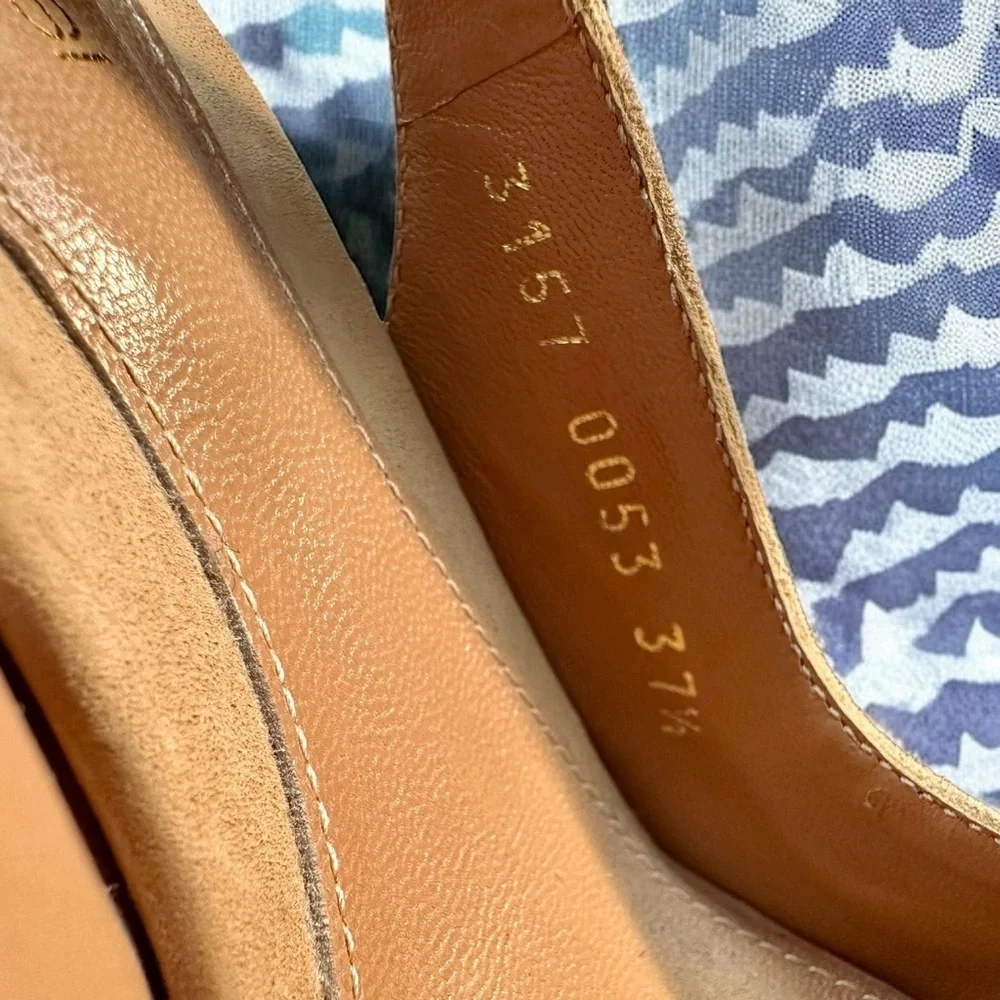 Sergio Rossi ‘Agathe’ Tan Suede & White Patent Peep Toe Slingback Heels Size 7.5